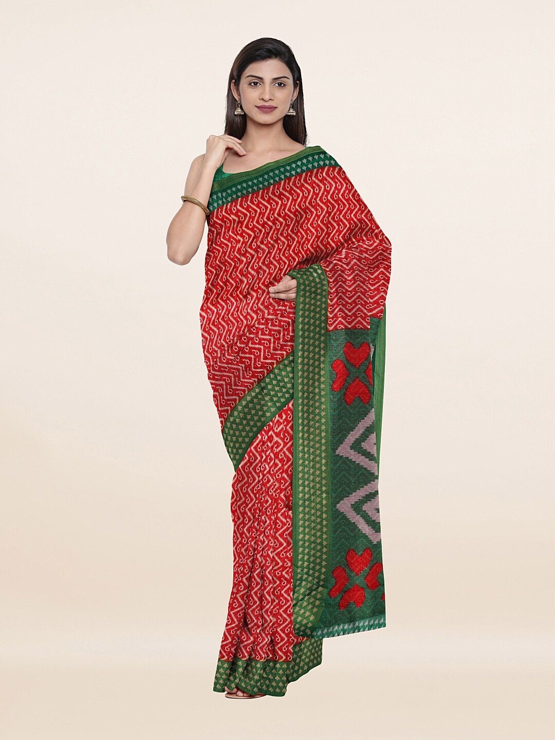 

Pothys Red & Green Abstract Printed Saree
