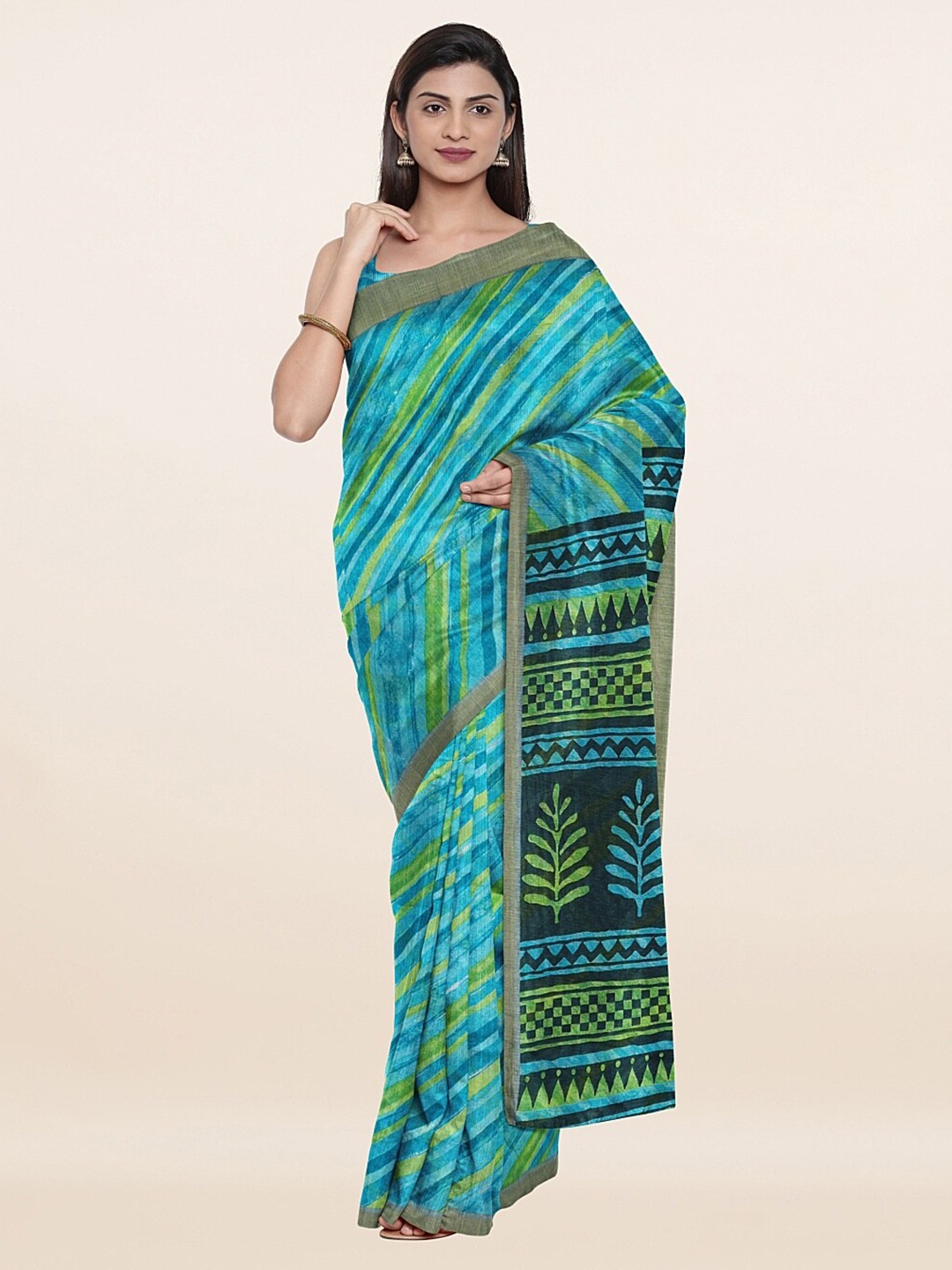 

Pothys Blue & Green Printed Ethnic Motifs Zari Saree
