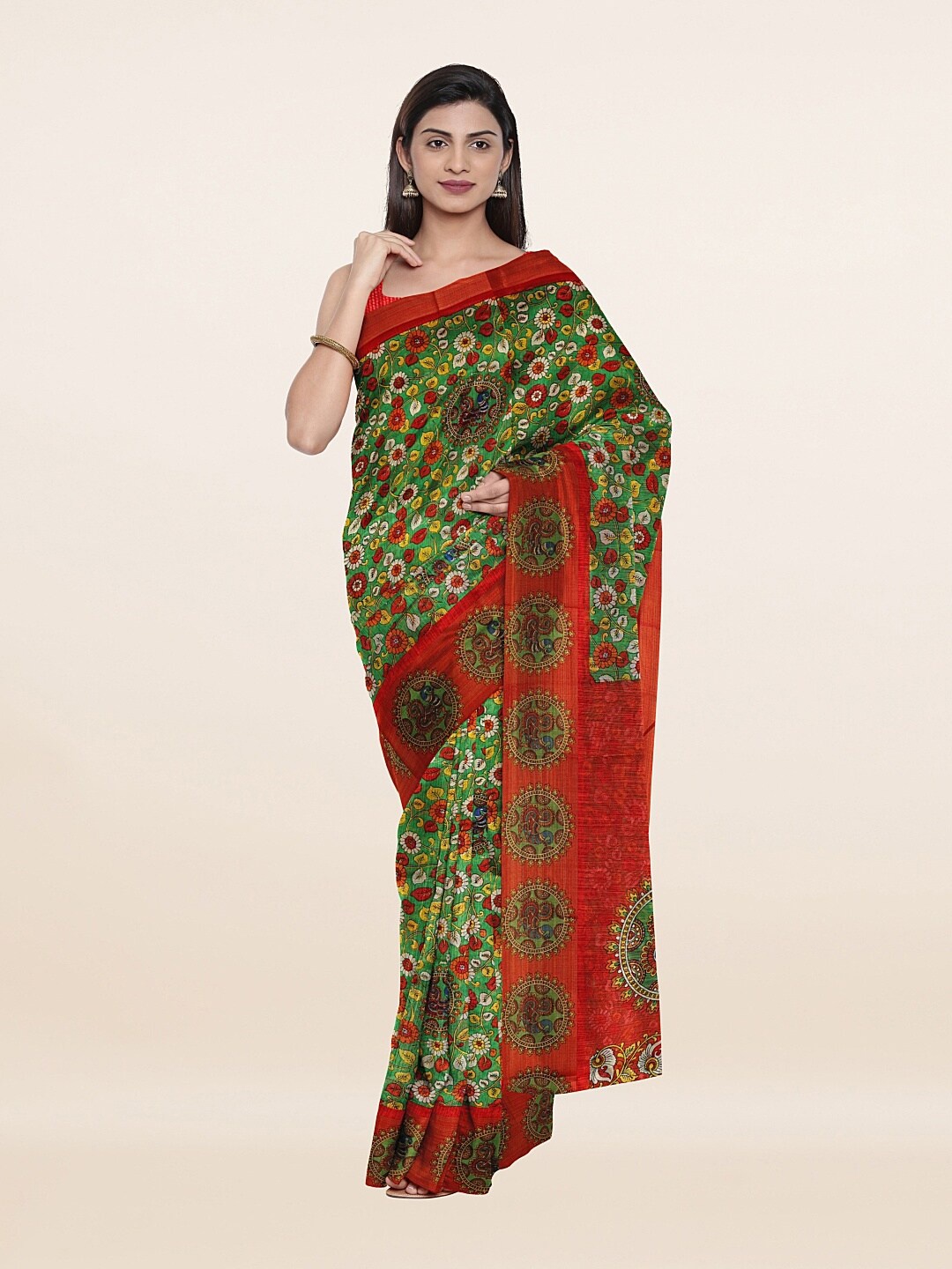 

Pothys Green & Red Printed Cotton Blend Saree with Unstitched Blouse Piece