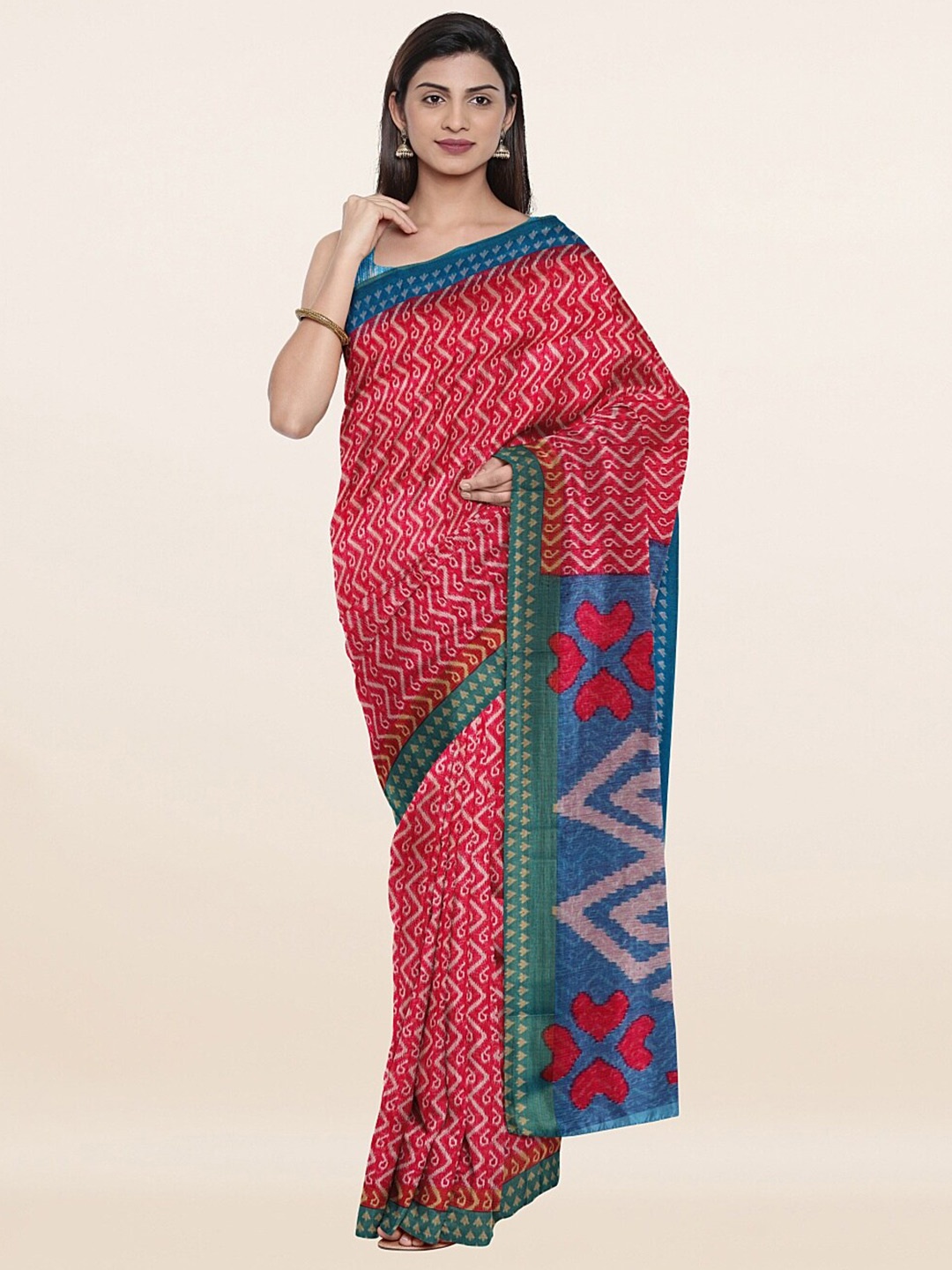 

Pothys Women Pink & Blue Printed Cotton Blend Saree