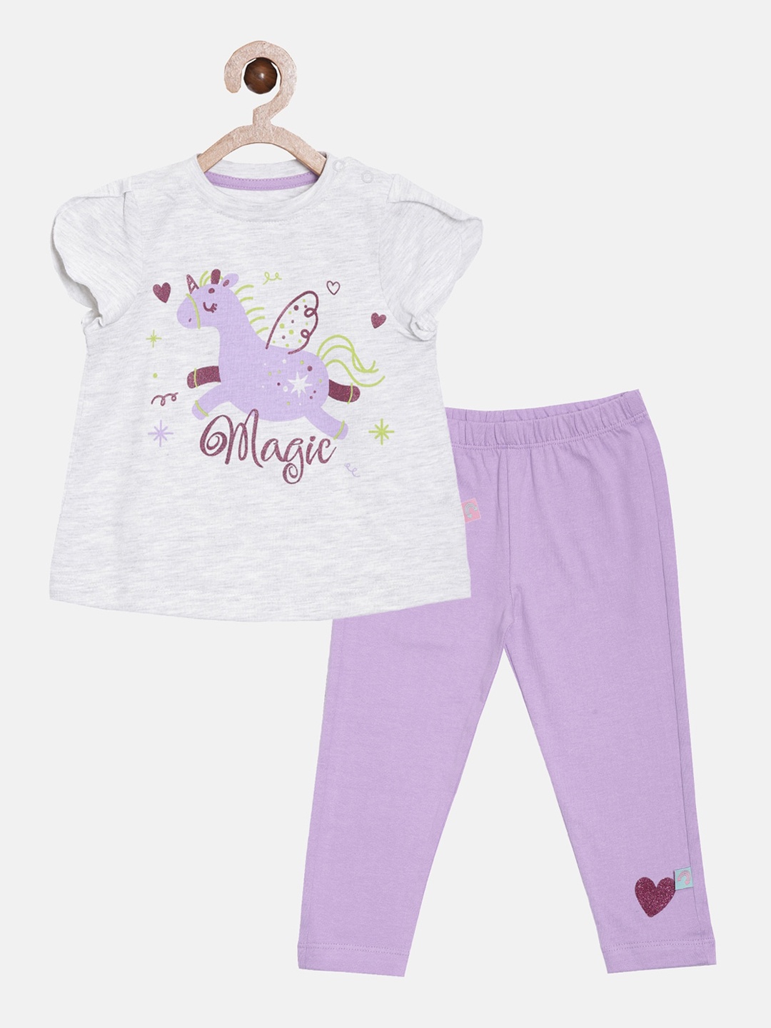 

Aomi Girls Grey & Purple Unicorn Printed T-shirt with Leggings