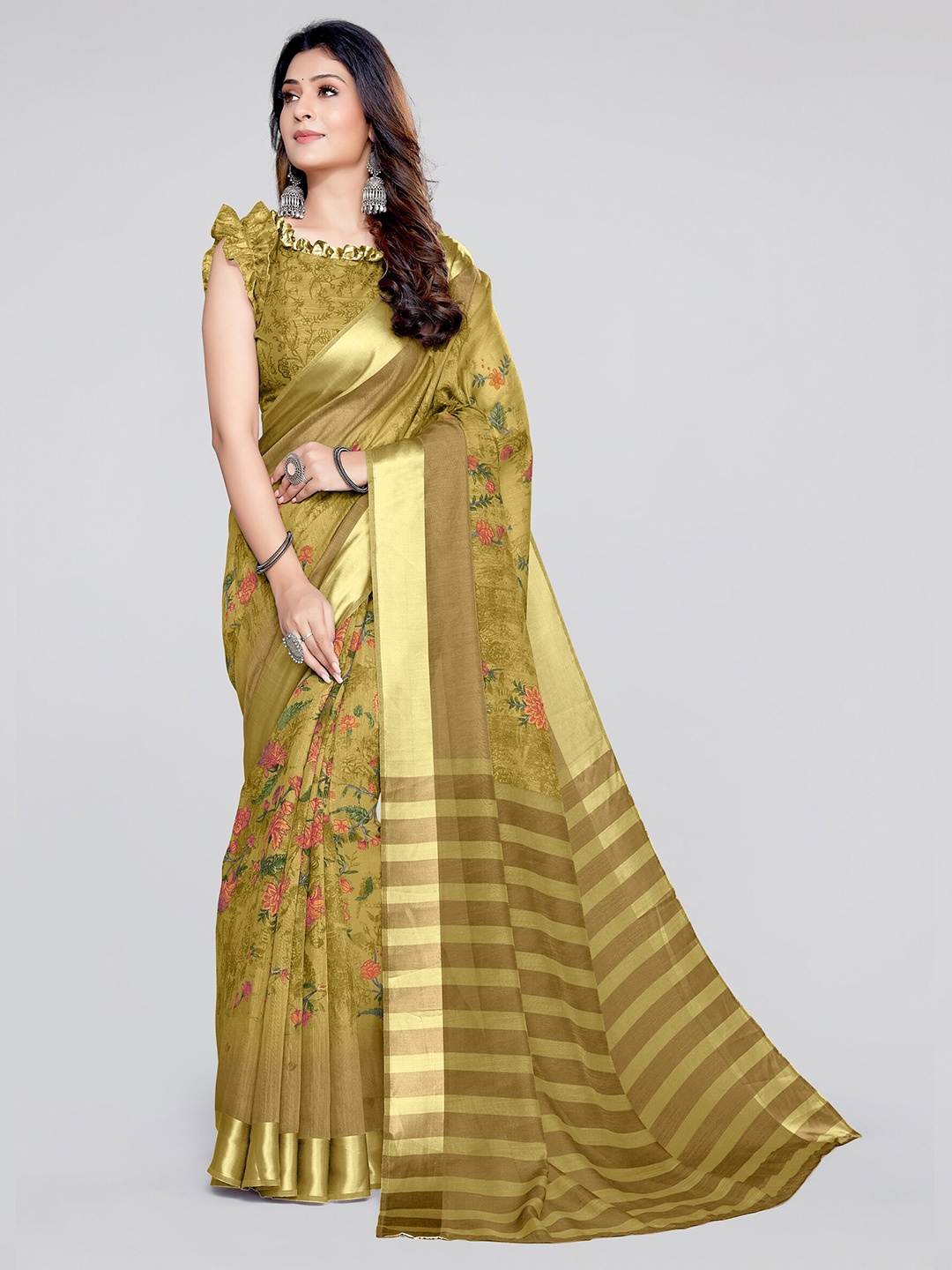 

KALINI Mustard & Gold-Toned Floral Saree