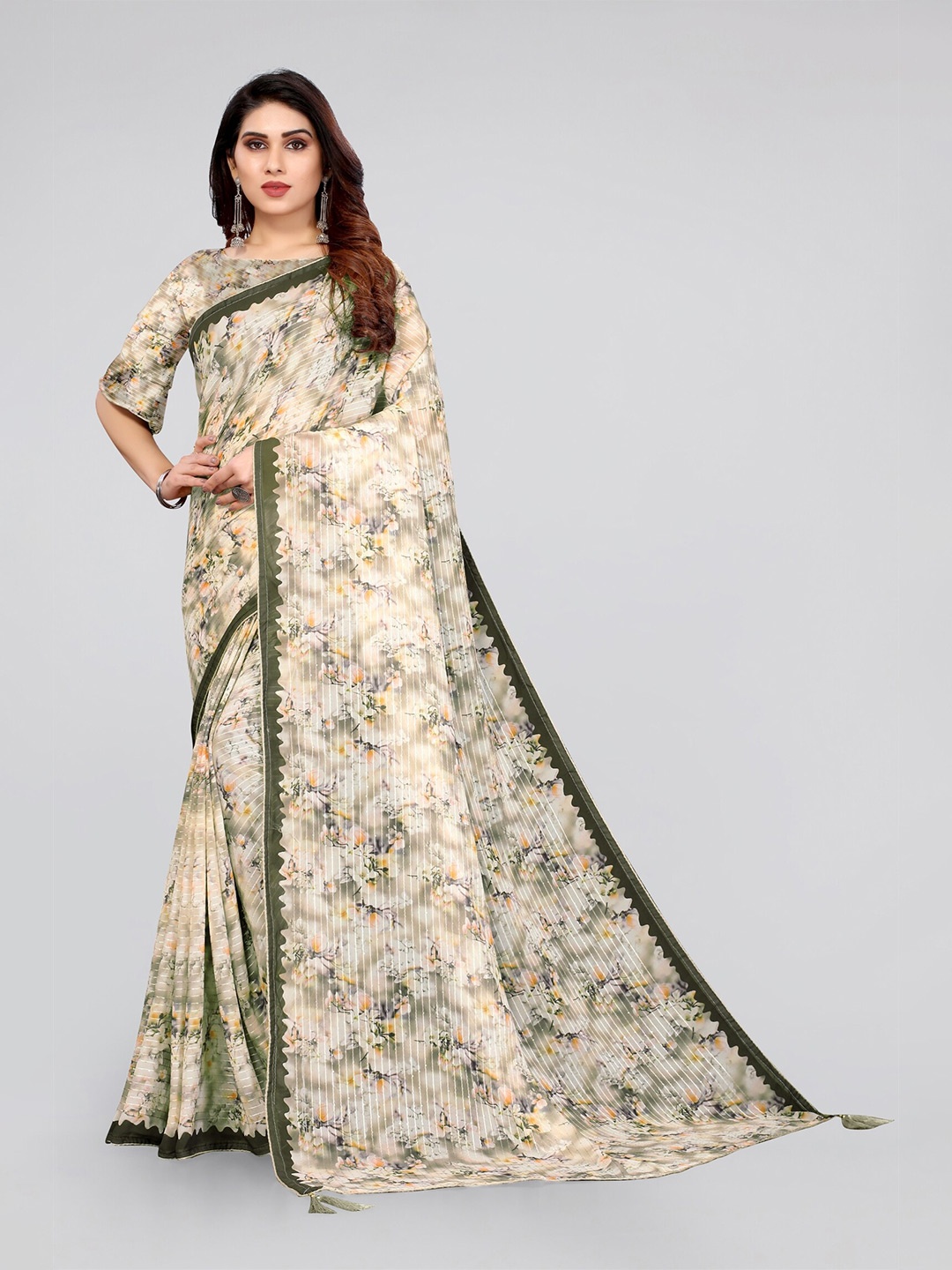 

MIRCHI FASHION Beige & Khaki Floral Georgette Saree