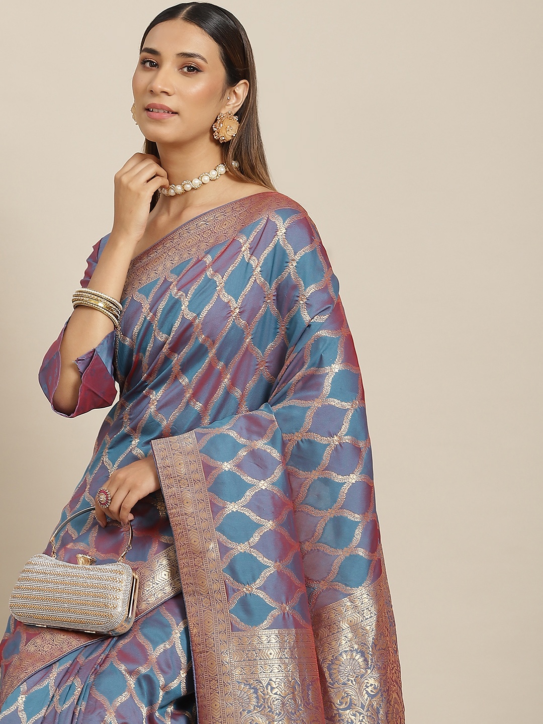 

RAJGRANTH Blue & Purple Zari Silk Blend Banarasi Saree