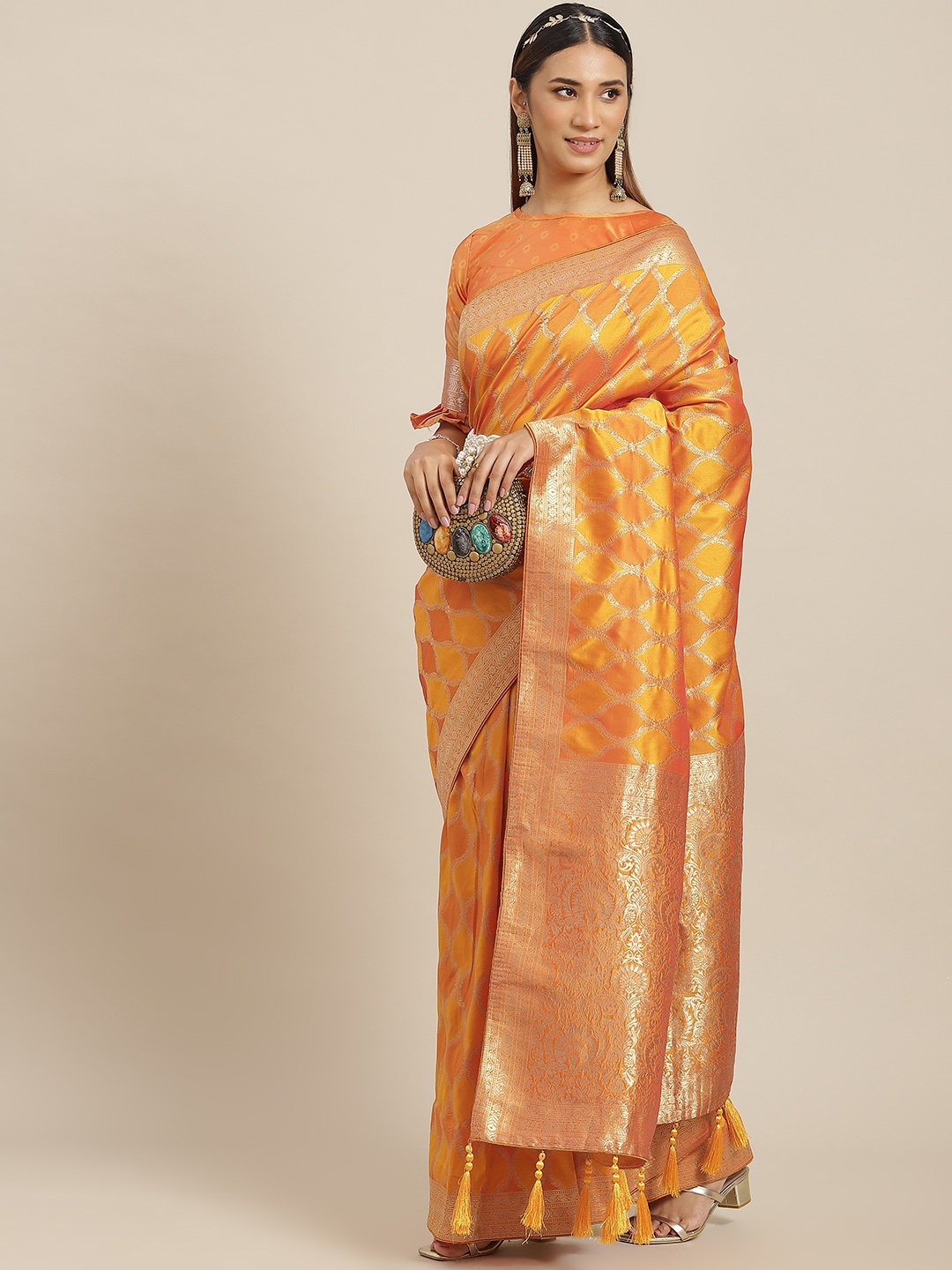 

RAJGRANTH Yellow & Orange Ethnic Motif Zari Silk Blend Banarasi Saree