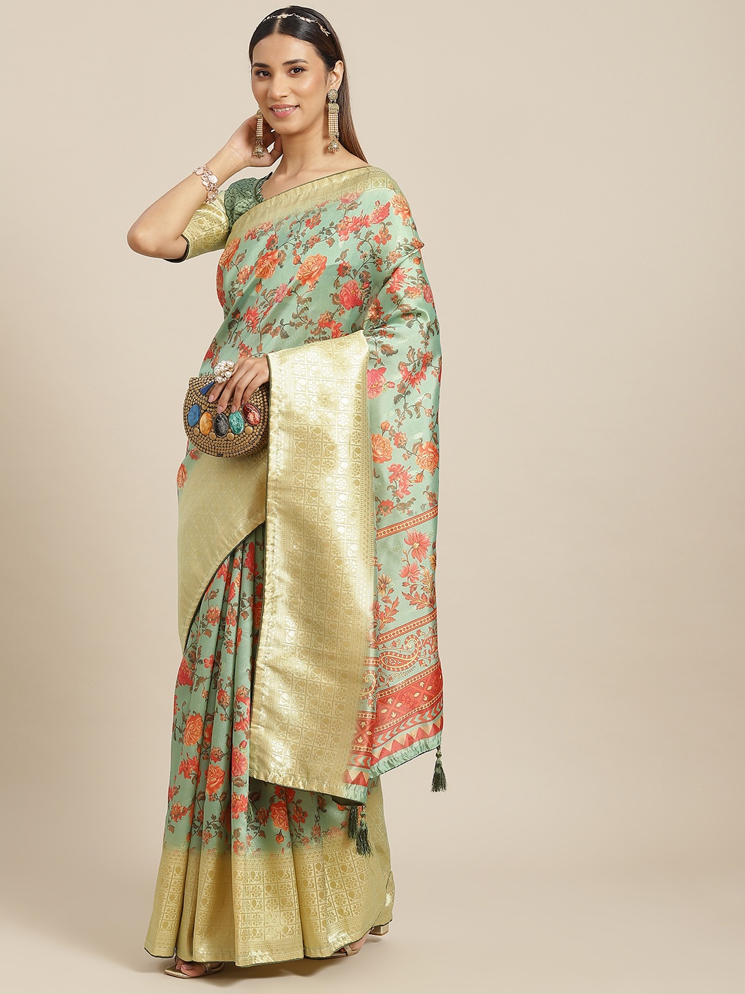 

RAJGRANTH Sea Green & Pink Floral Zari Silk Cotton Banarasi Saree