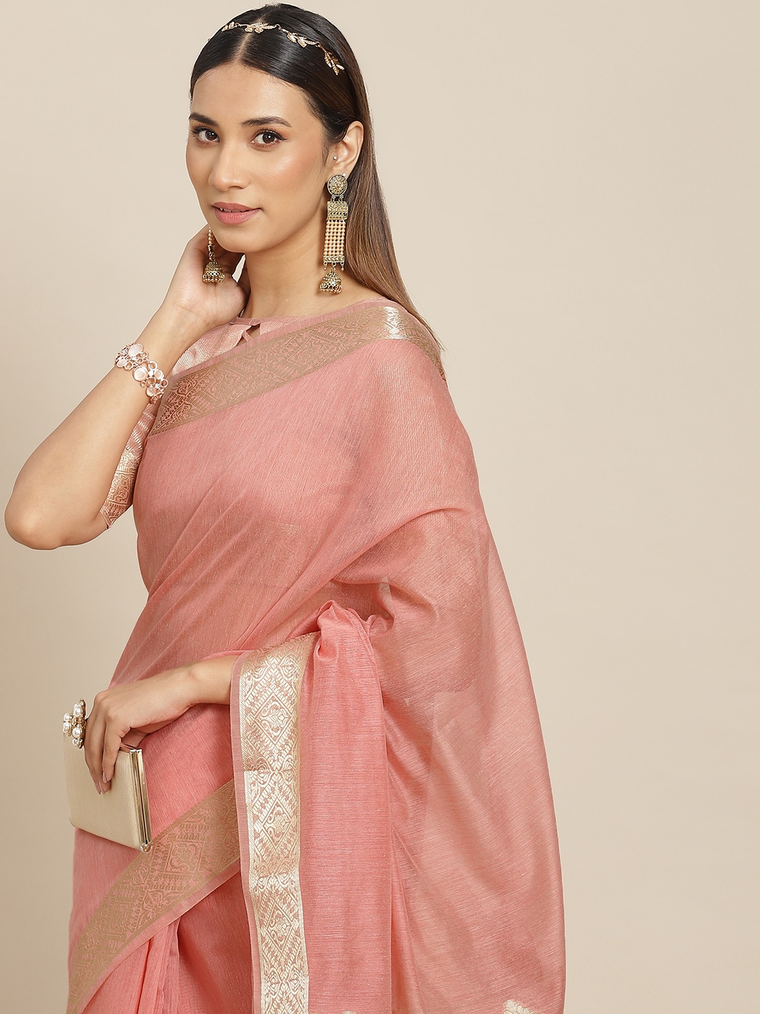 

RAJGRANTH Pink & Gold-Toned Ethnic Motifs Zari Linen Blend Tussar Saree