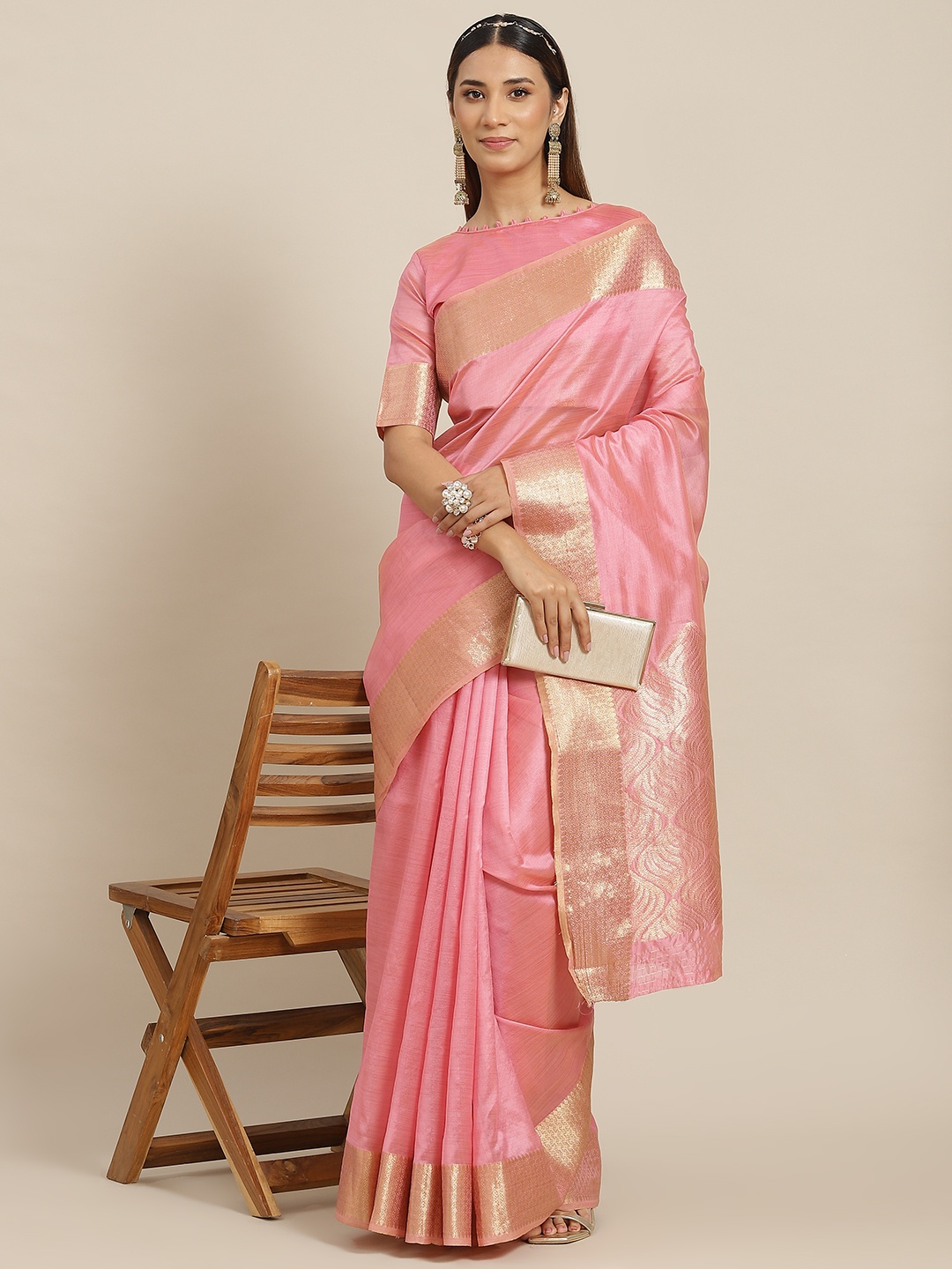 

RAJGRANTH Pink & Gold-Toned Ethnic Motifs Zari Organza Tussar Saree