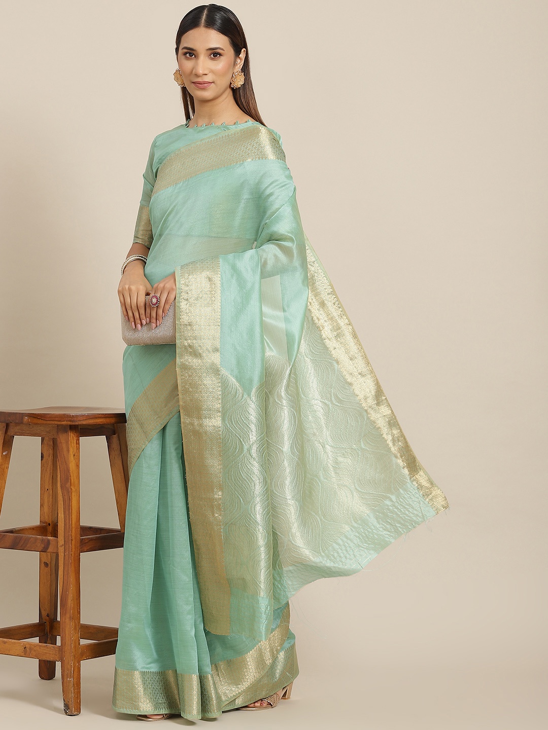 

RAJGRANTH Green & Gold-Toned Ethnic Motifs Zari Organza Tussar Saree