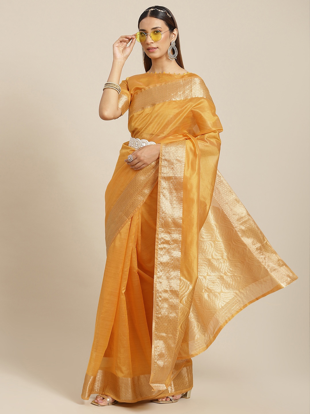 

RAJGRANTH Yellow & Gold-Toned Ethnic Motifs Zari Organza Tussar Saree