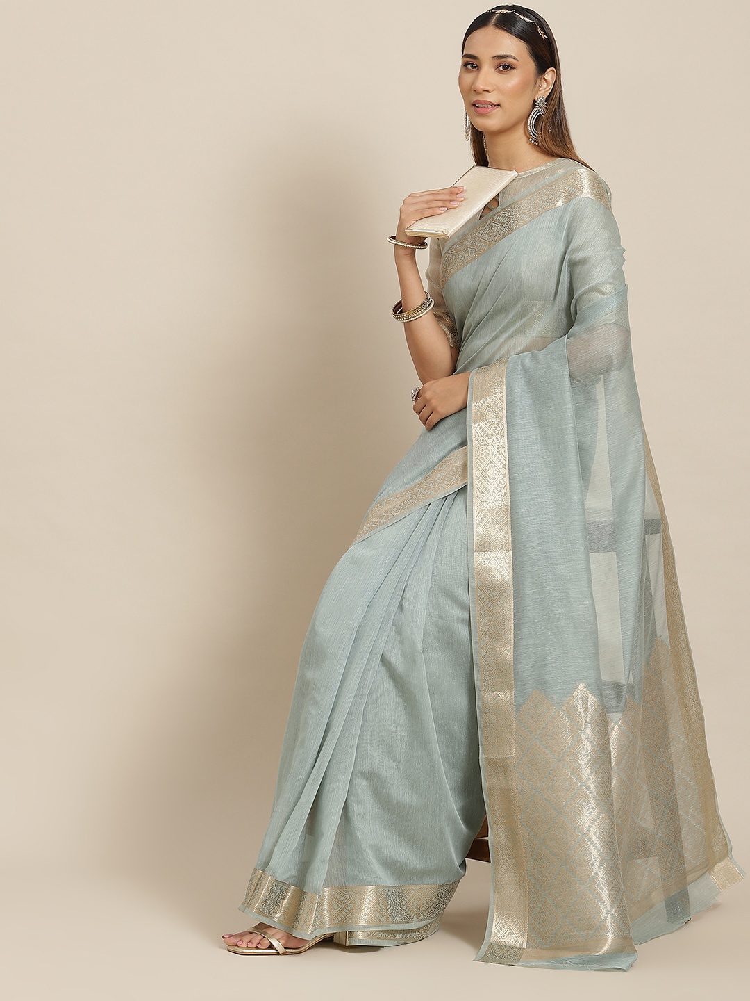 

RAJGRANTH Turquoise Blue & Gold-Toned Ethnic Motifs Zari Linen Blend Tussar Saree