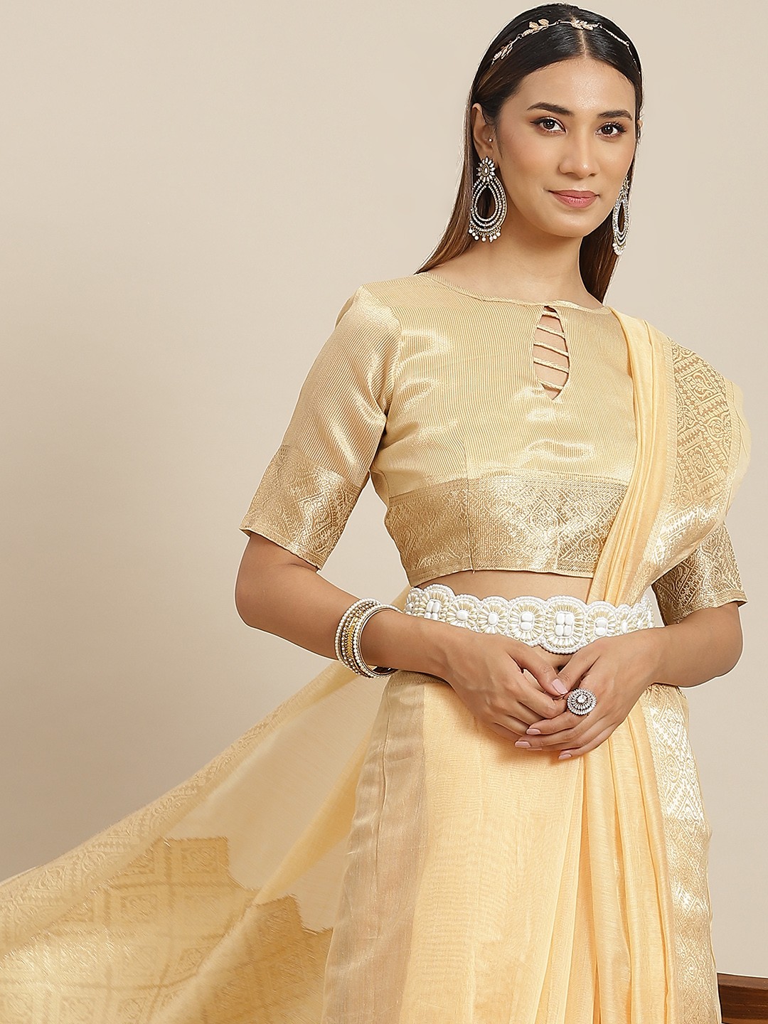 

RAJGRANTH Beige & Gold-Toned Ethnic Motifs Zari Linen Blend Tussar Saree