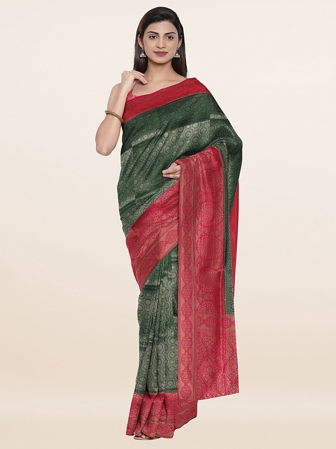 

Pothys Green & Red Woven Design Zari Art Silk Saree with Unstitched Blouse Piece