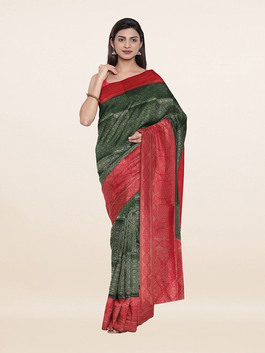 

Pothys Women Green & Red Woven Design Zari Art Silk Saree