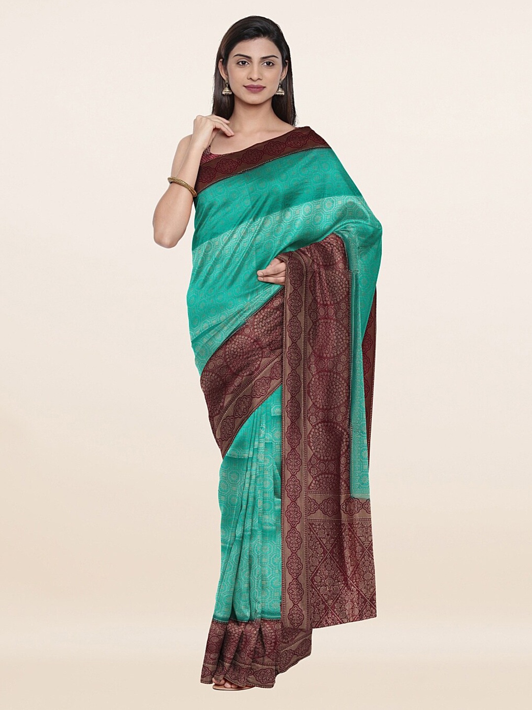 

Pothys Women Green & Maroon Woven Design Zari Art Silk Saree
