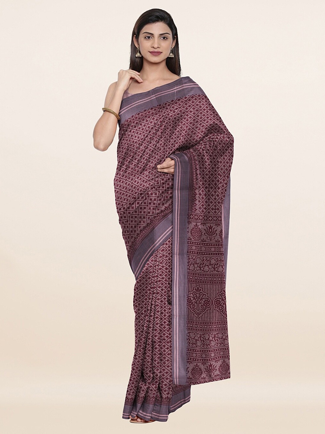 

Pothys Purple & Brown Printed Cotton Blend Saree