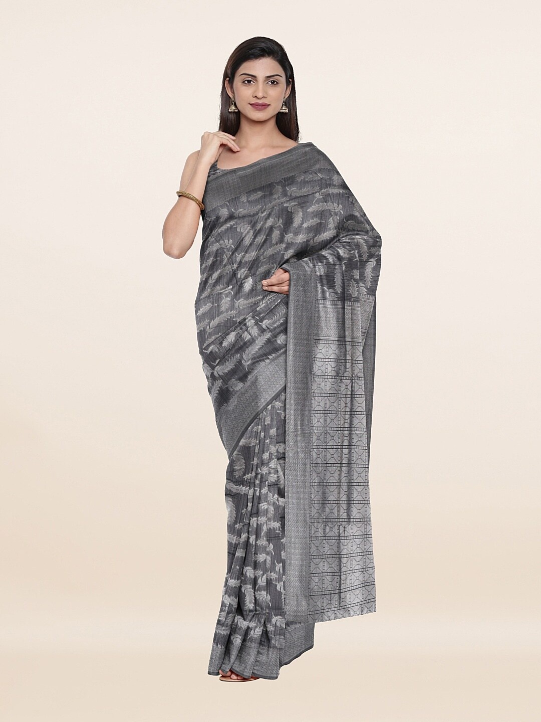 

Pothys Grey & Silver-Toned Woven Design Zari Saree