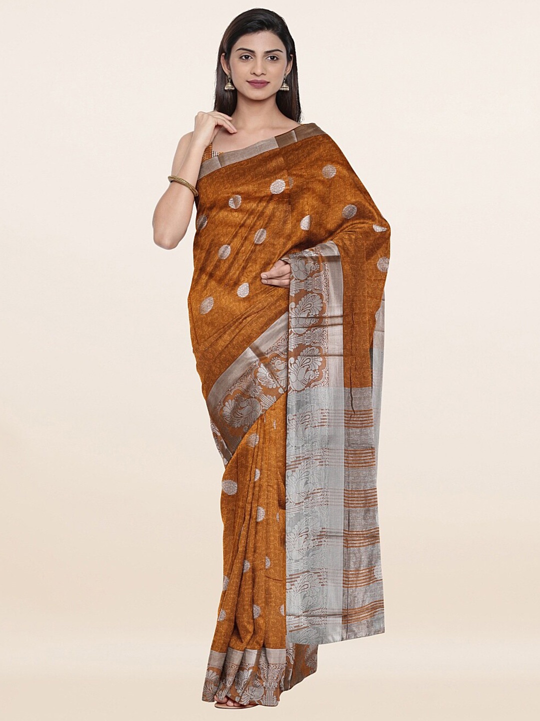 

Pothys Mustard & Silver-Toned Woven Design Zari Saree