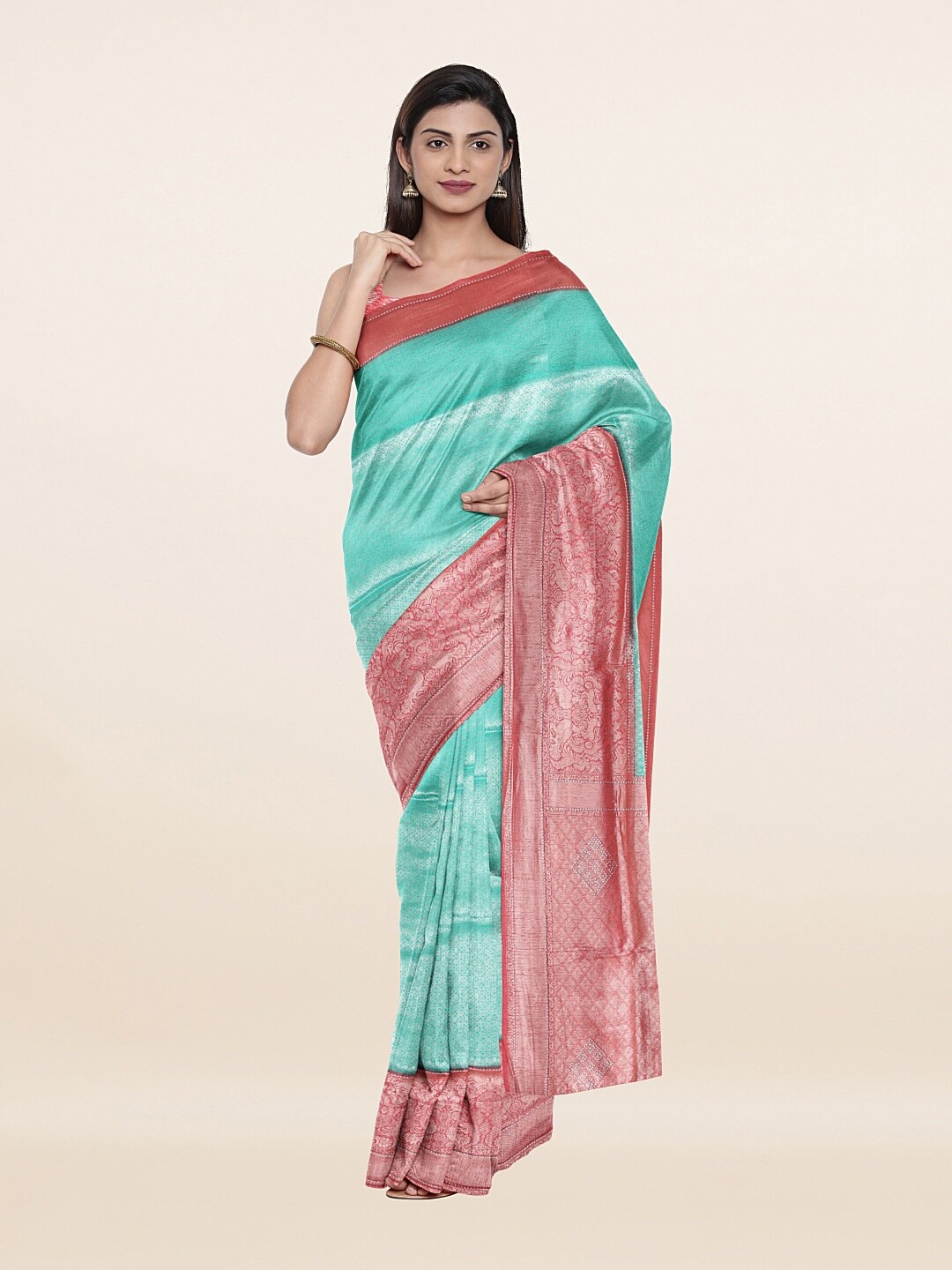 

Pothys Women Blue & Peach-Coloured Woven Design Art Silk Saree