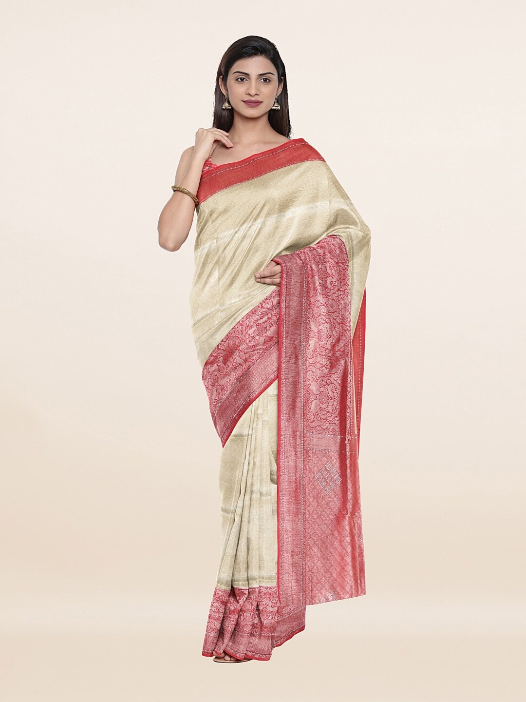 

Pothys Cream-Coloured & Coral Ethnic Motifs Zari Art Silk Saree
