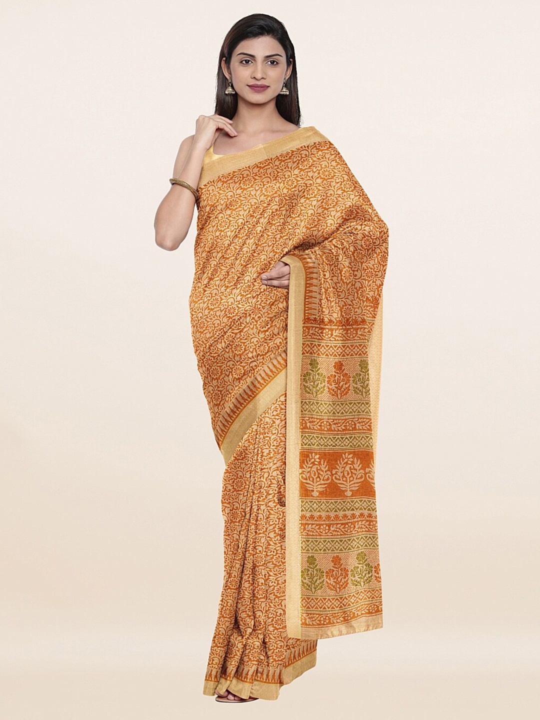

Pothys Yellow & Brown Floral Cotton Blend Saree