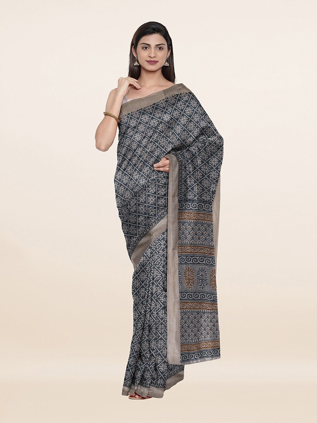 

Pothys Women Blue & Brown Floral Cotton Blend Saree