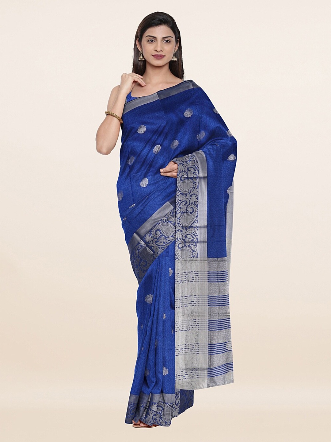 

Pothys Blue & Silver-Toned Ethnic Motifs Zari Saree