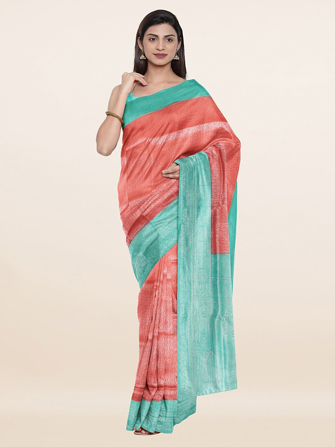 

Pothys Peach-Coloured & Blue Woven Design Art Silk Saree
