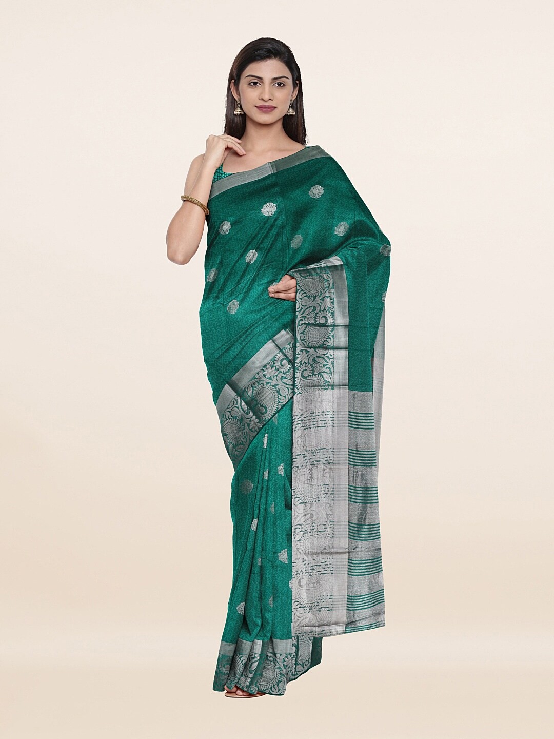 

Pothys Green & Silver-Toned Ethnic Motifs Zari Saree