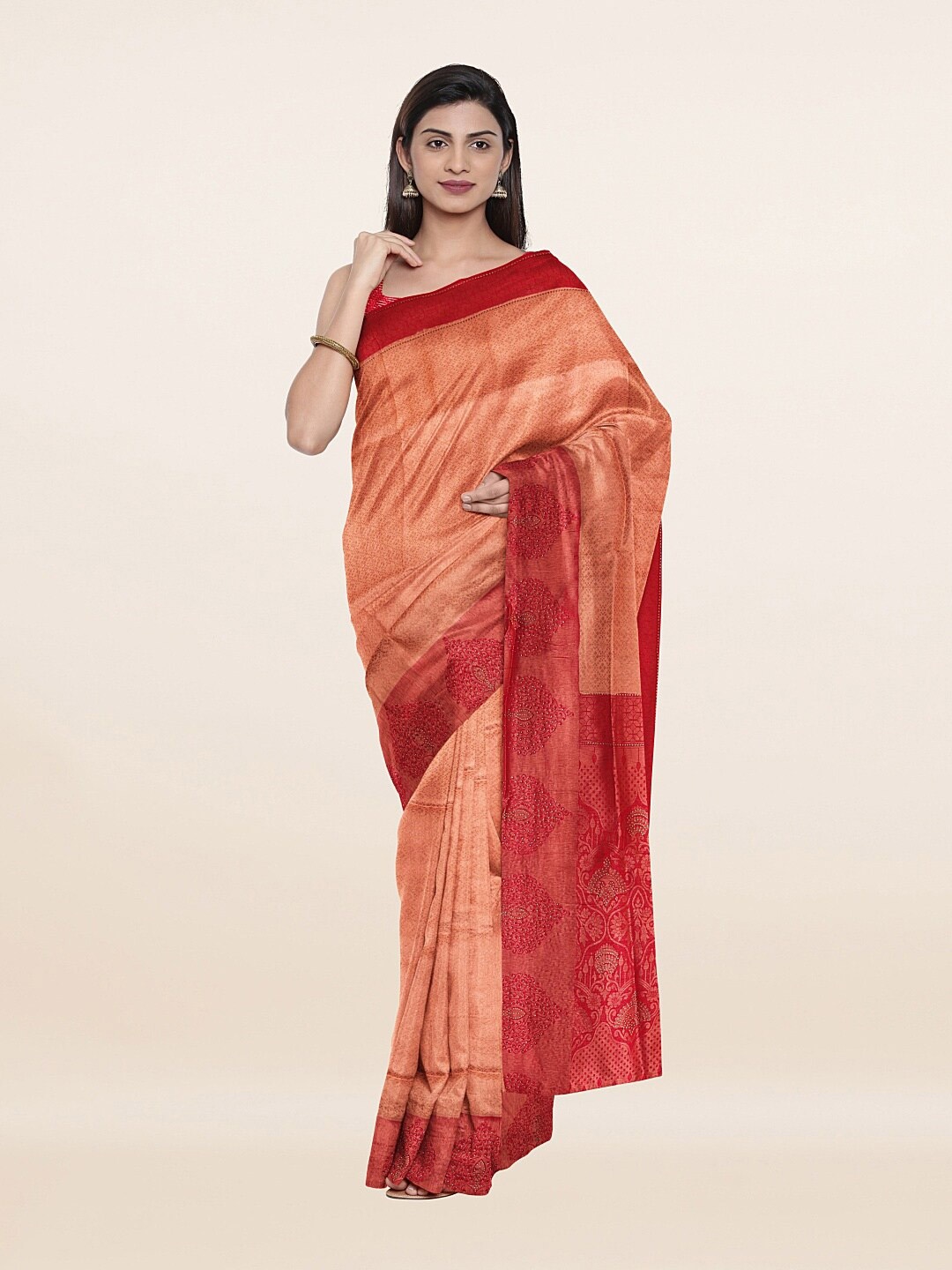 

Pothys Peach-Coloured & Red Woven Design Beads and Stones Art Silk Saree