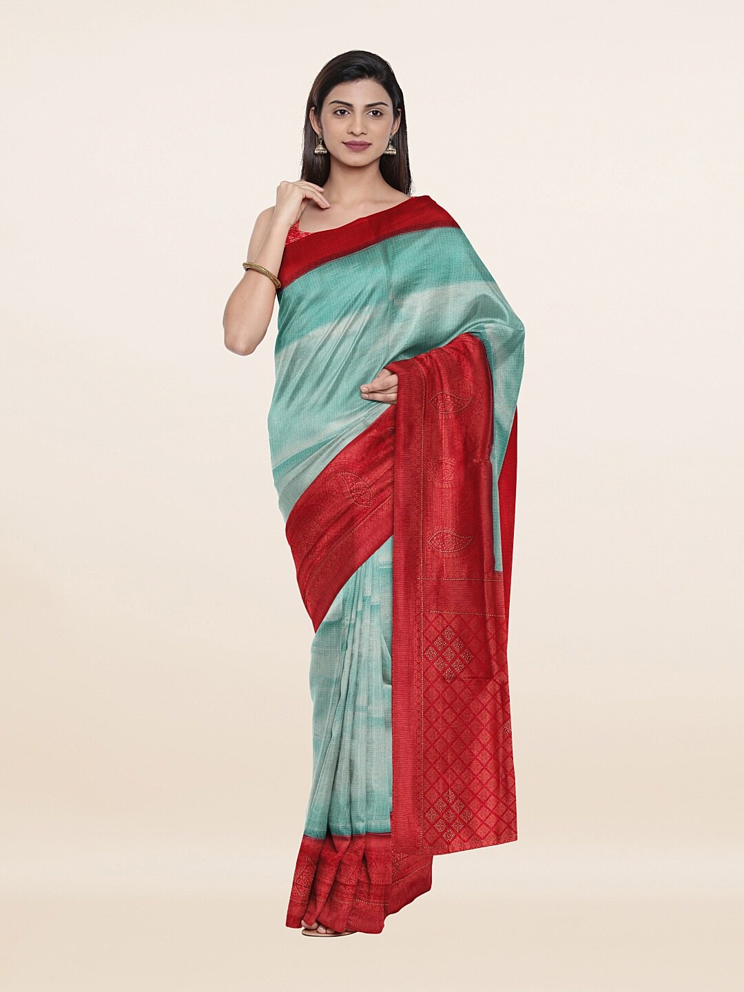 

Pothys Green & Red Floral Zari Art Silk Saree