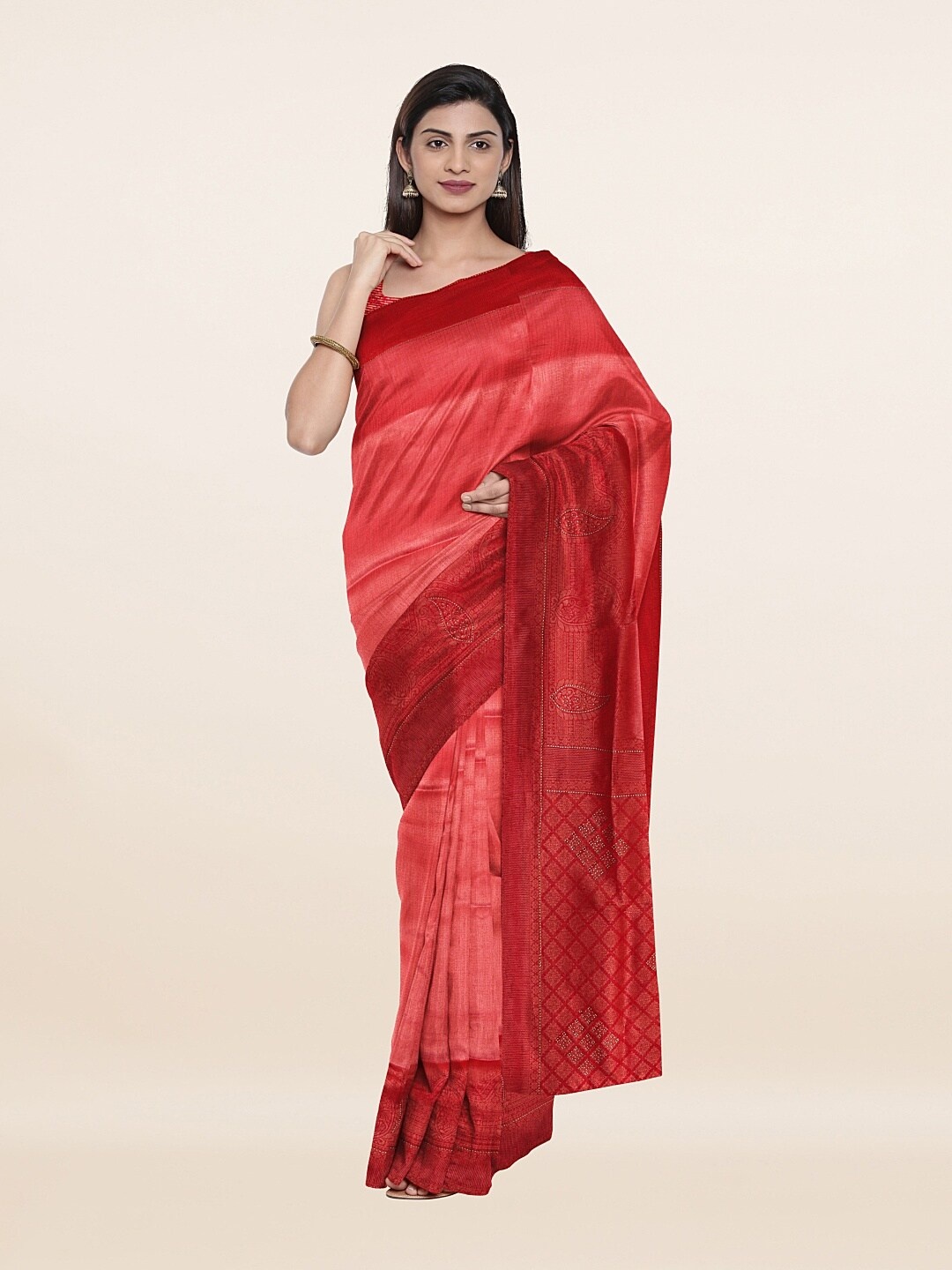 

Pothys Pink & Red Ethnic Motifs Zari Art Silk Saree