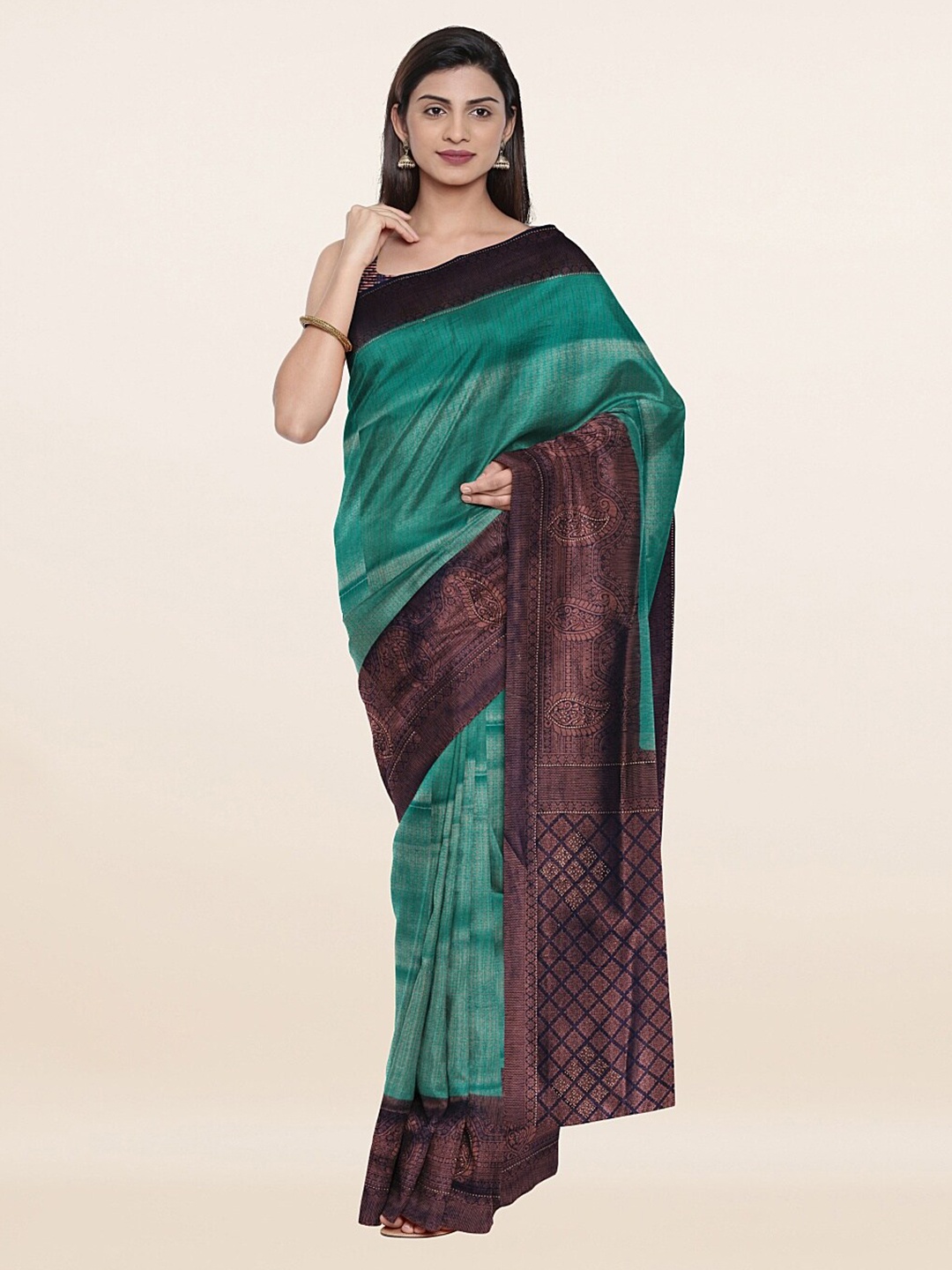 

Pothys Green & Brown Woven Design Beads and Stones Art Silk Saree