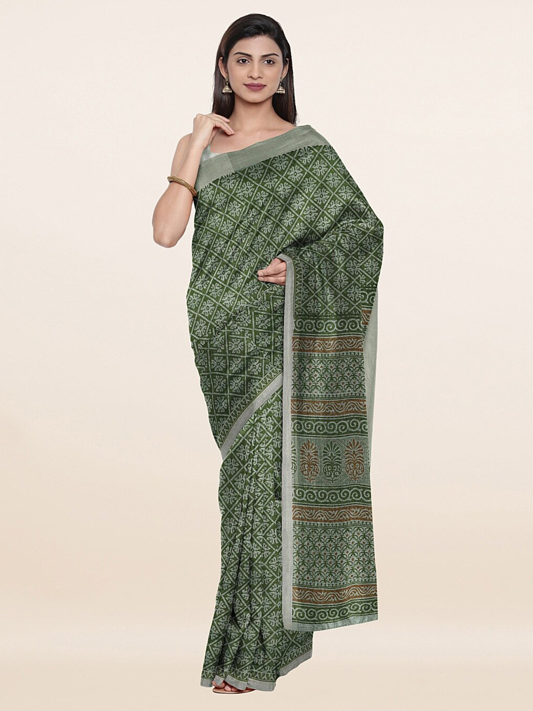 

Pothys Green & Brown Floral Printed Saree