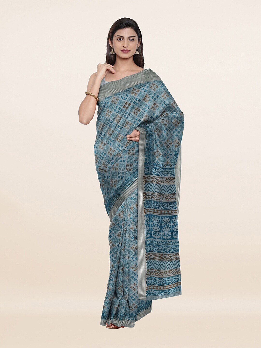 

Pothys Women Blue & Brown Floral Print Saree