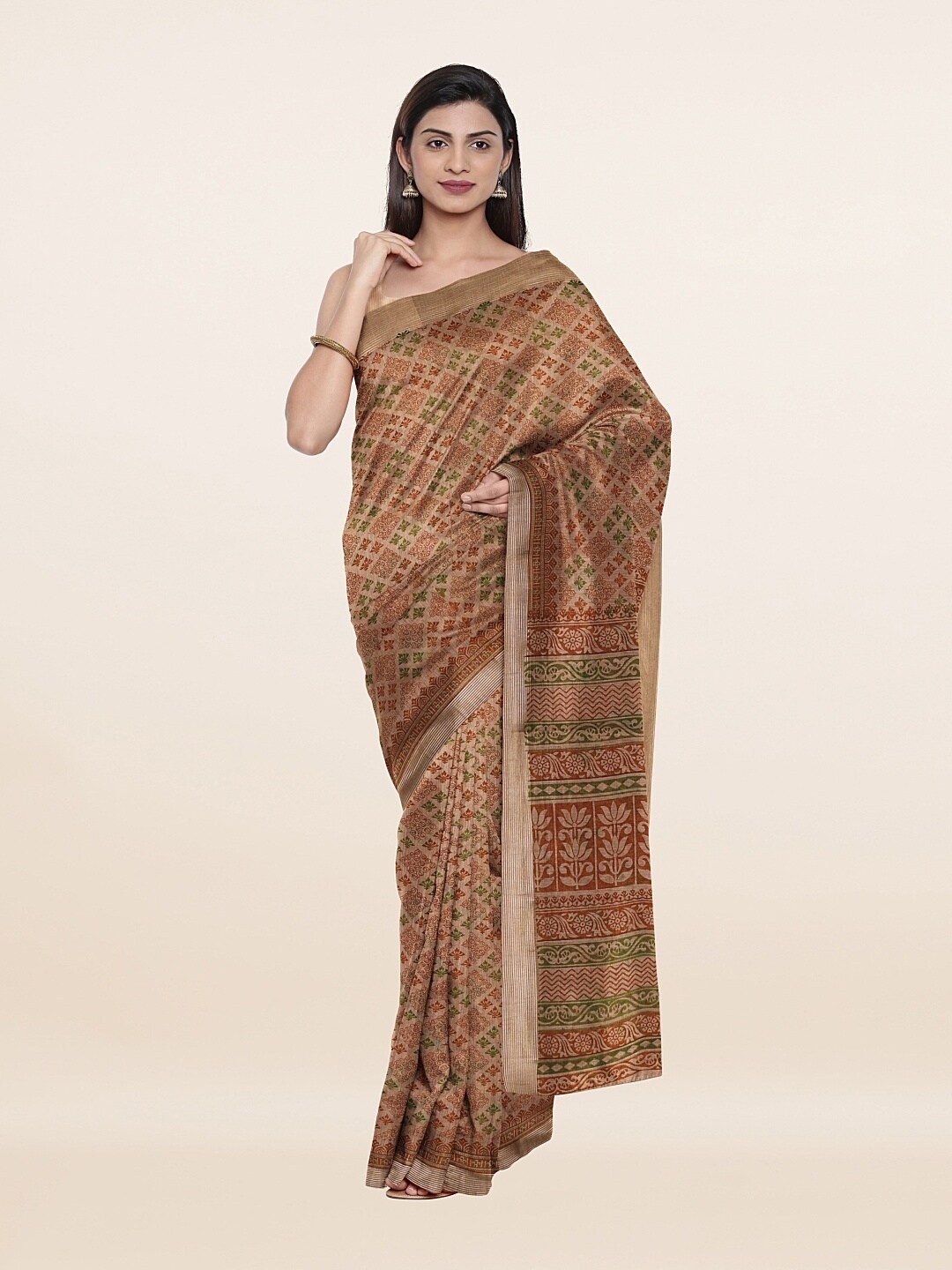 

Pothys Tan & Green Floral Cotton Blend Saree