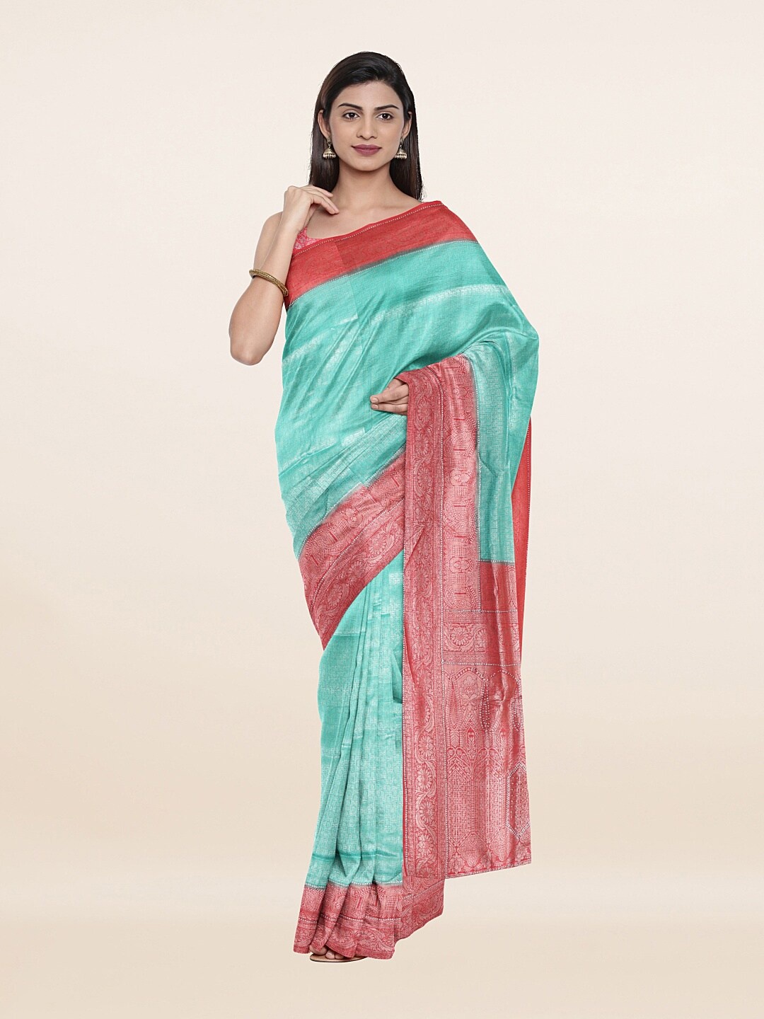 

Pothys Blue & Pink Woven Design Beads and Stones Art Silk Saree