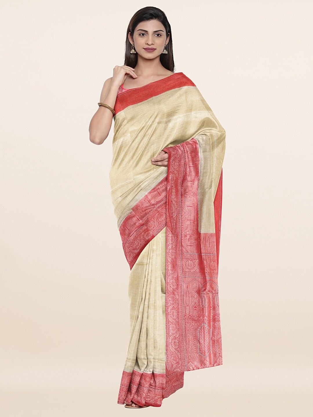 

Pothys Cream-Coloured & Coral Floral Zari Art Silk Saree