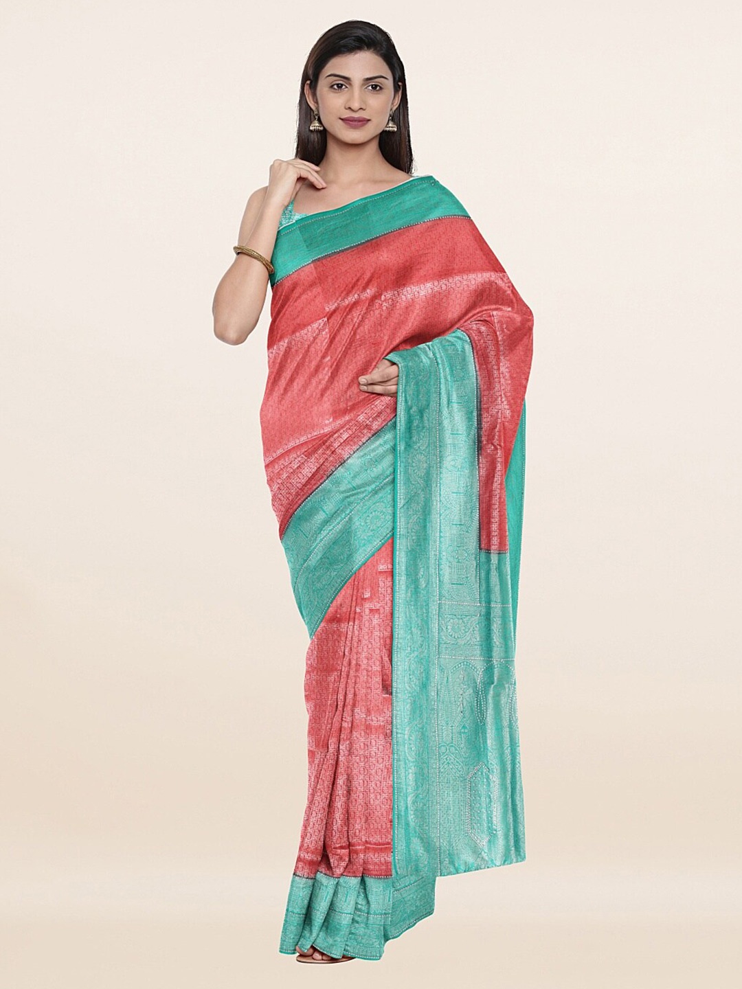 

Pothys Pink & Green Woven Design Zari Art Silk Saree