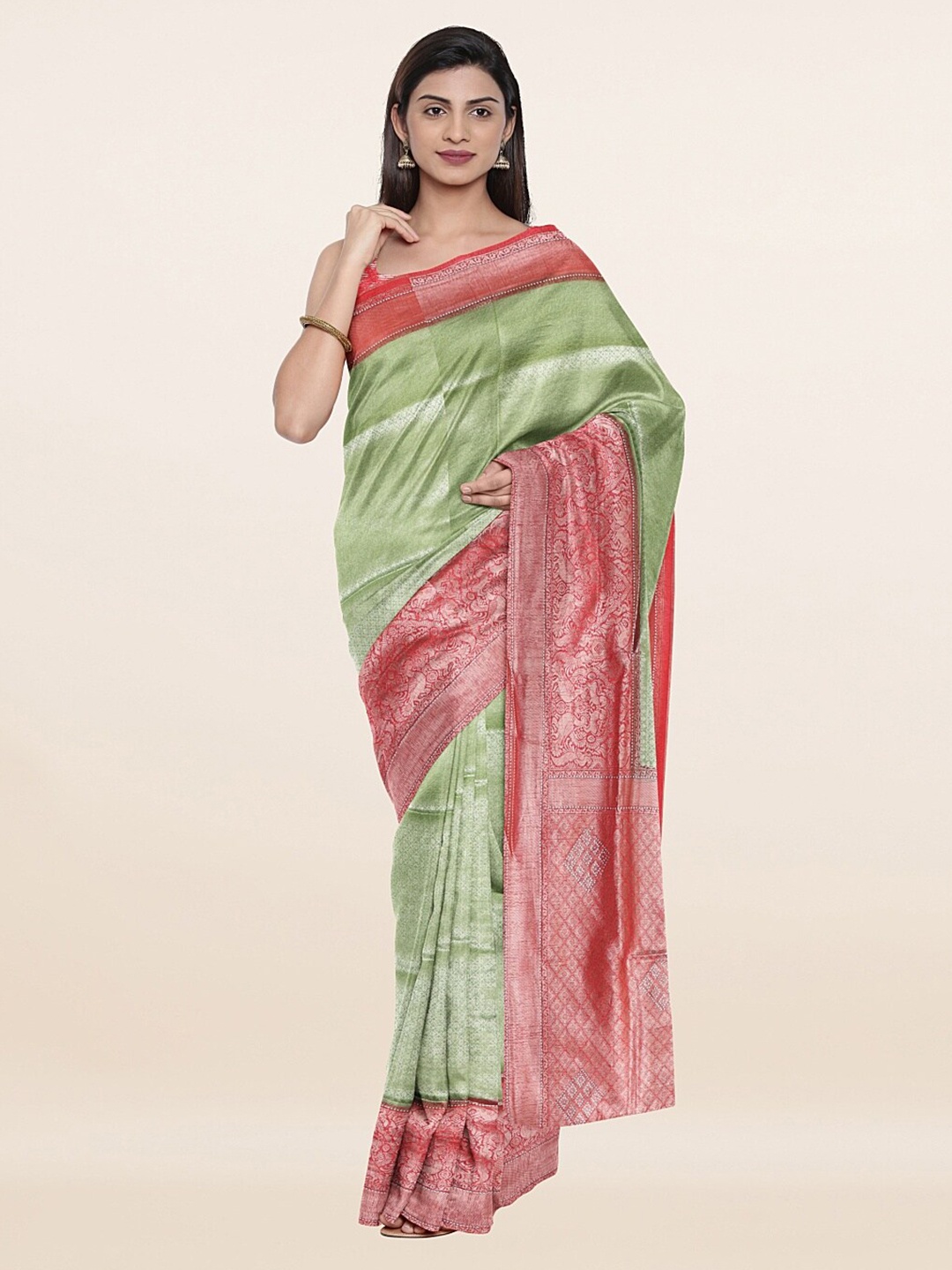 

Pothys Green & Pink Woven Design Zari Art Silk Saree with Unstitched Blouse Piece