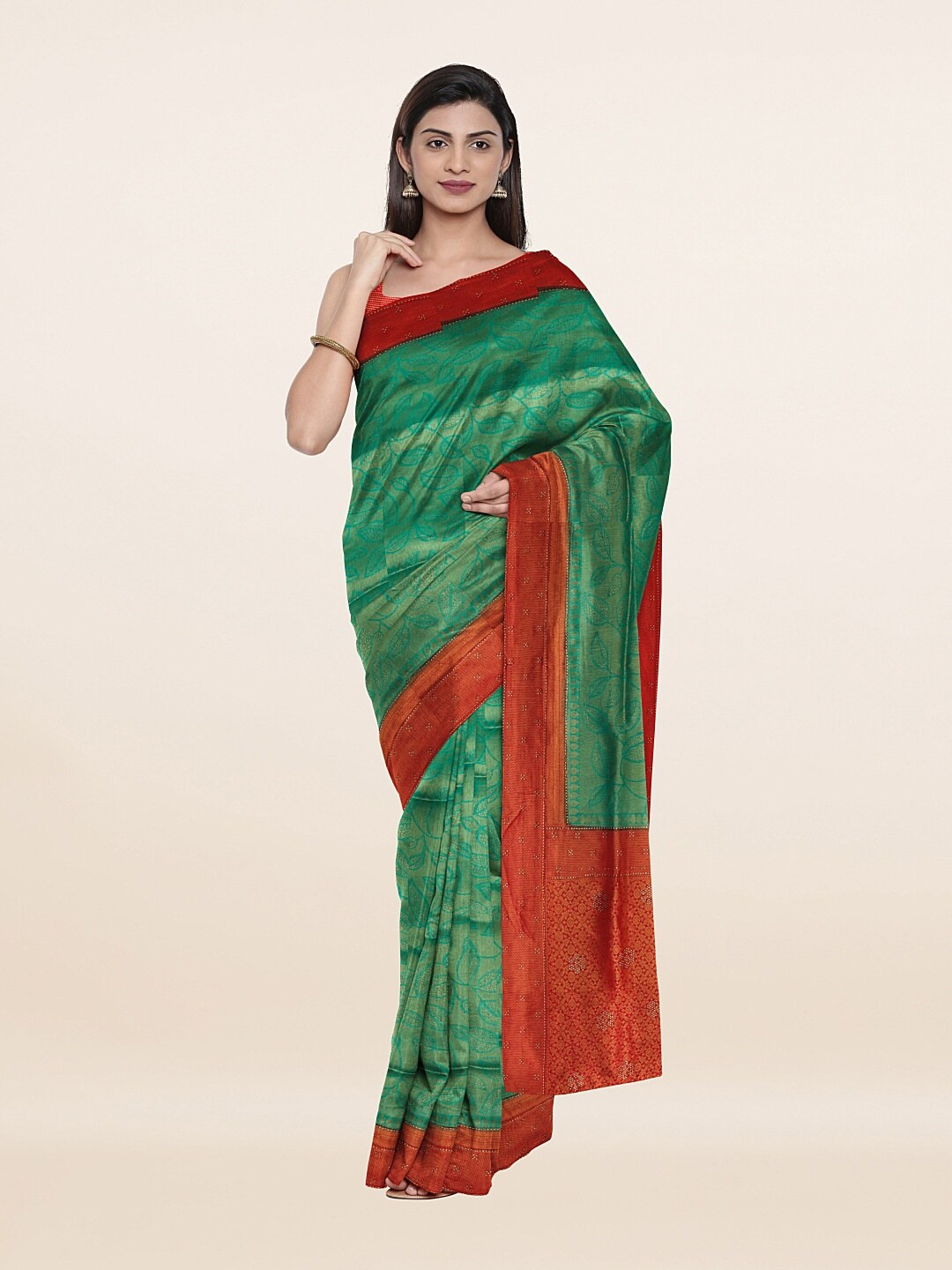 

Pothys Green & Red Woven Design Zari Art Silk Saree with Unstitched Blouse Piece