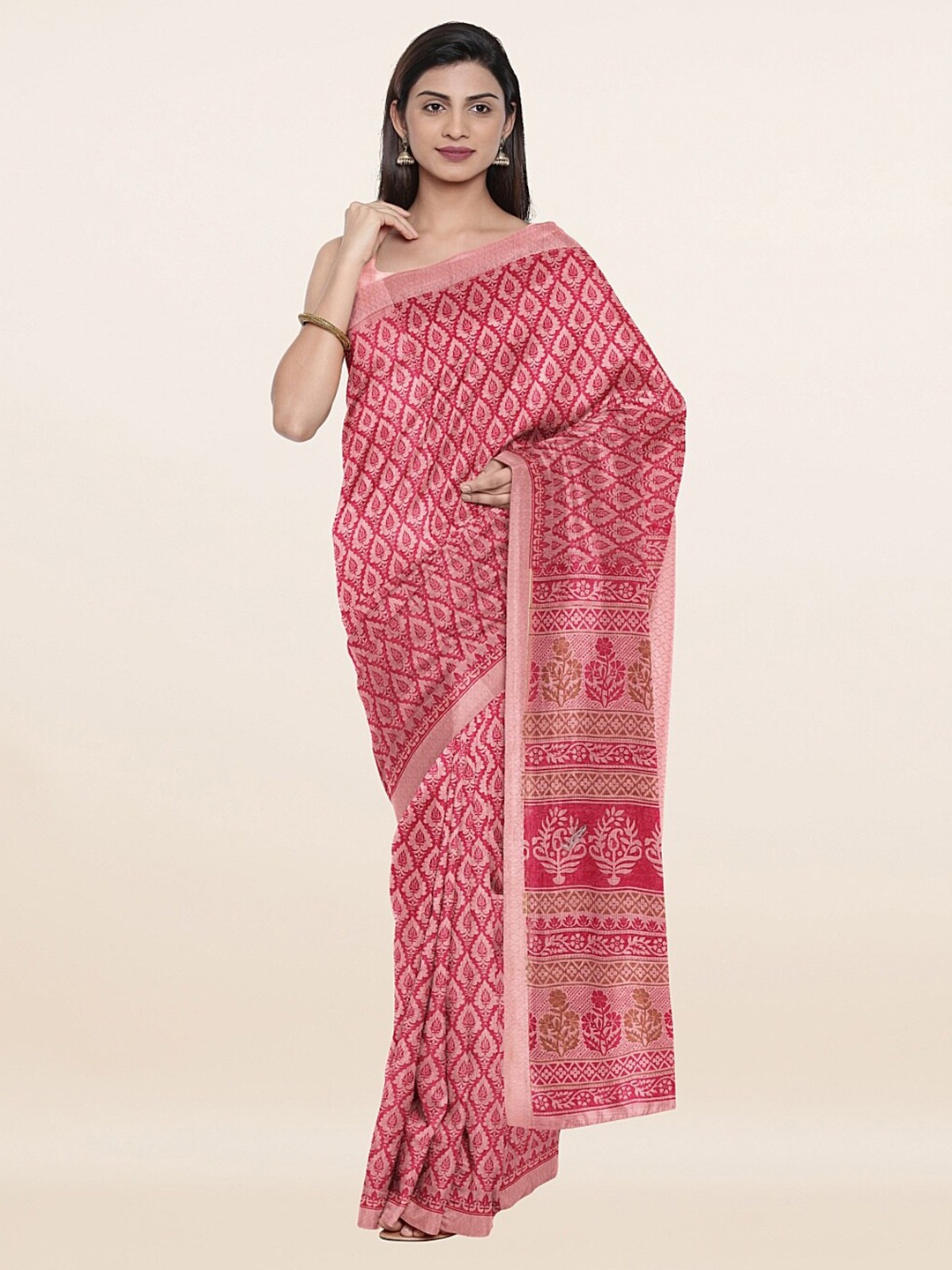

Pothys Pink & Brown Ethnic Motifs Saree With Unstitched Blouse Piece
