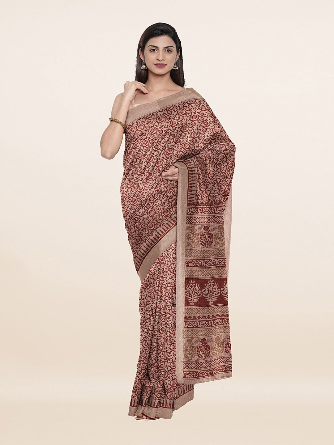 

Pothys Brown & Green Floral Zari Saree