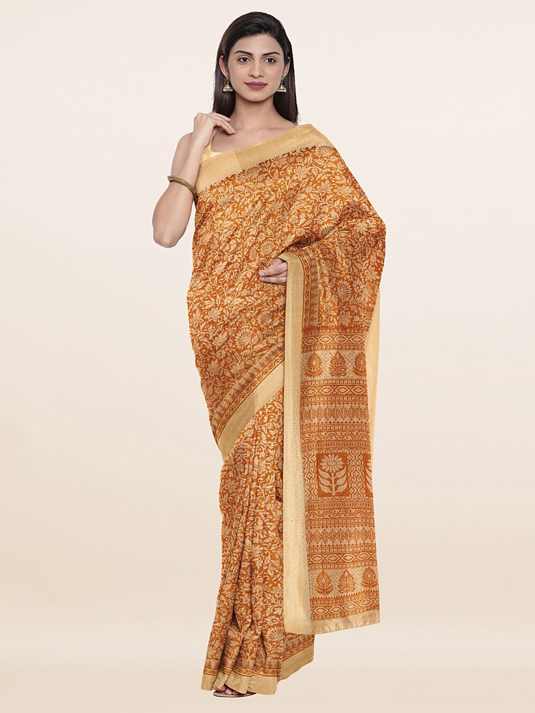 

Pothys Yellow & Beige Cotton Blend Printed Saree with Unstitched Blouse Piece