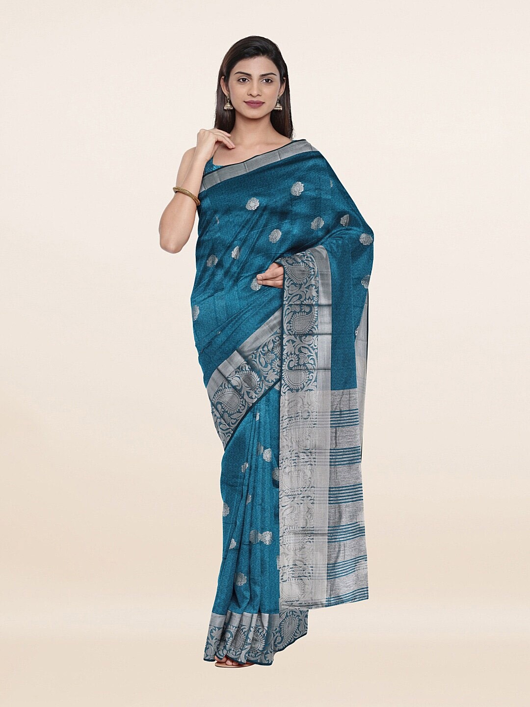

Pothys Blue & Silver-Toned Ethnic Motifs Zari Saree