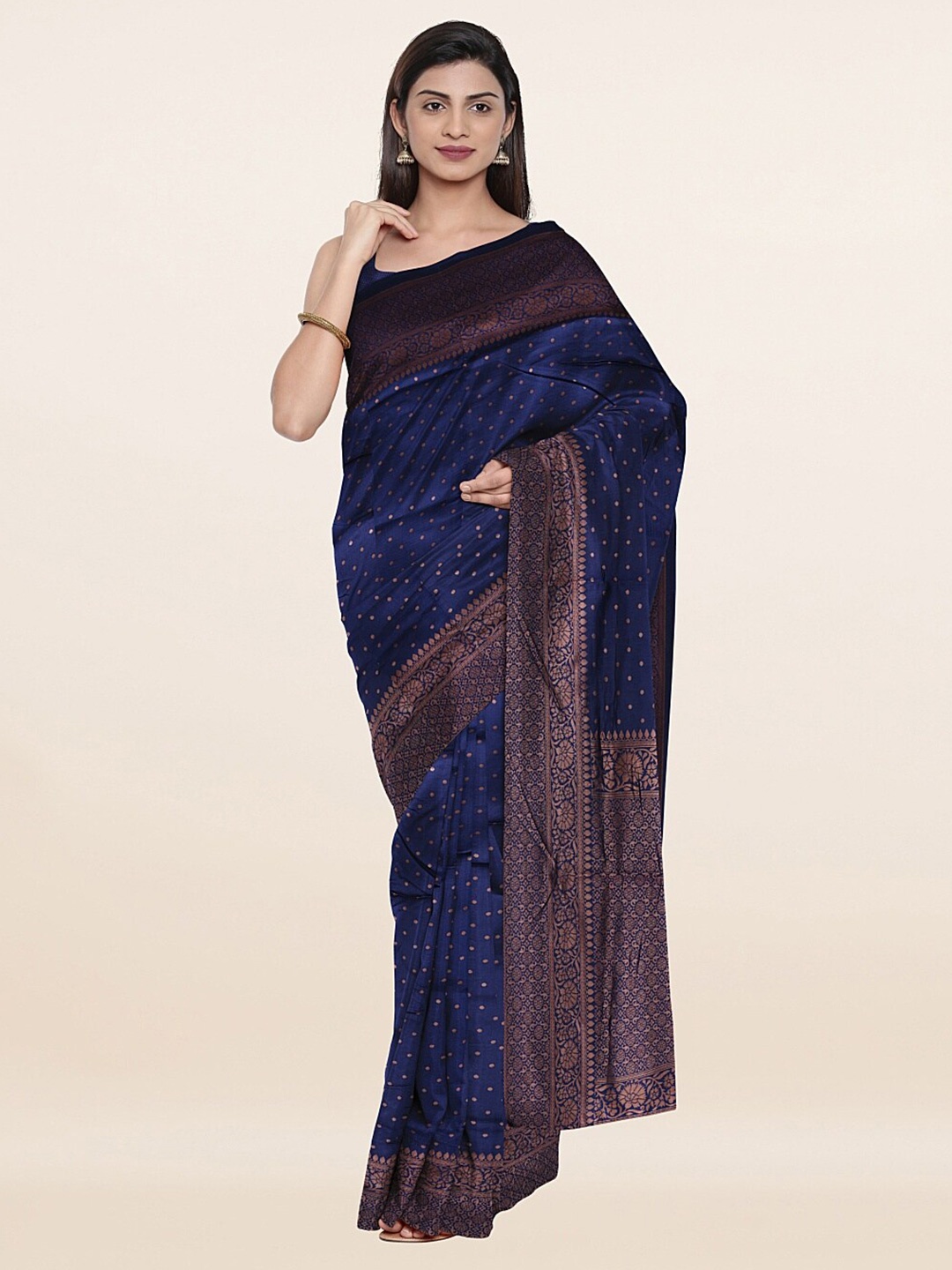 

Pothys Blue & Gold-Toned Floral Zari Saree