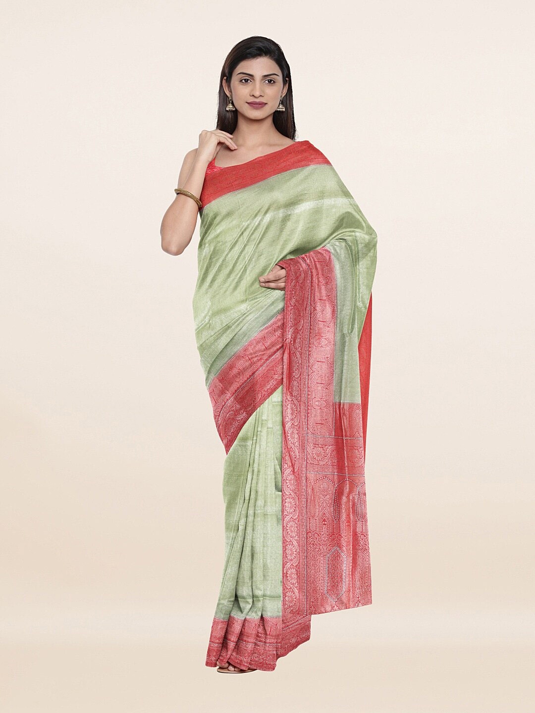 

Pothys Green & Coral Floral Zari Art Silk Saree