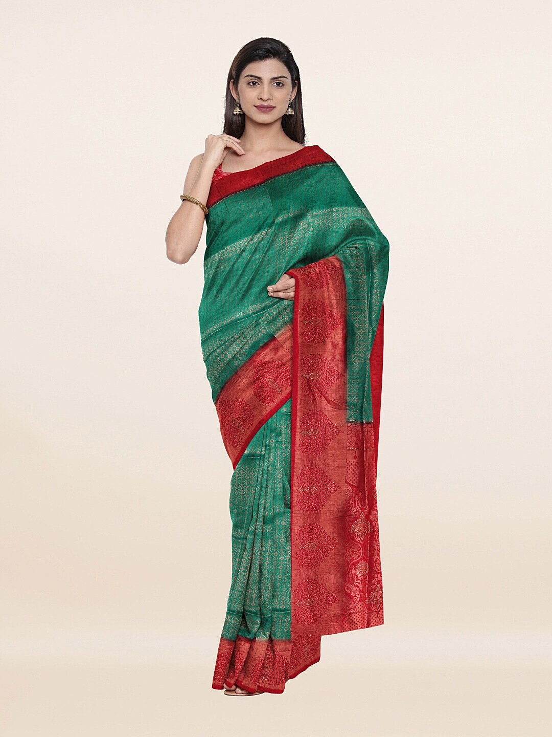 

Pothys Green & Red Floral Beads and Stones Art Silk Saree