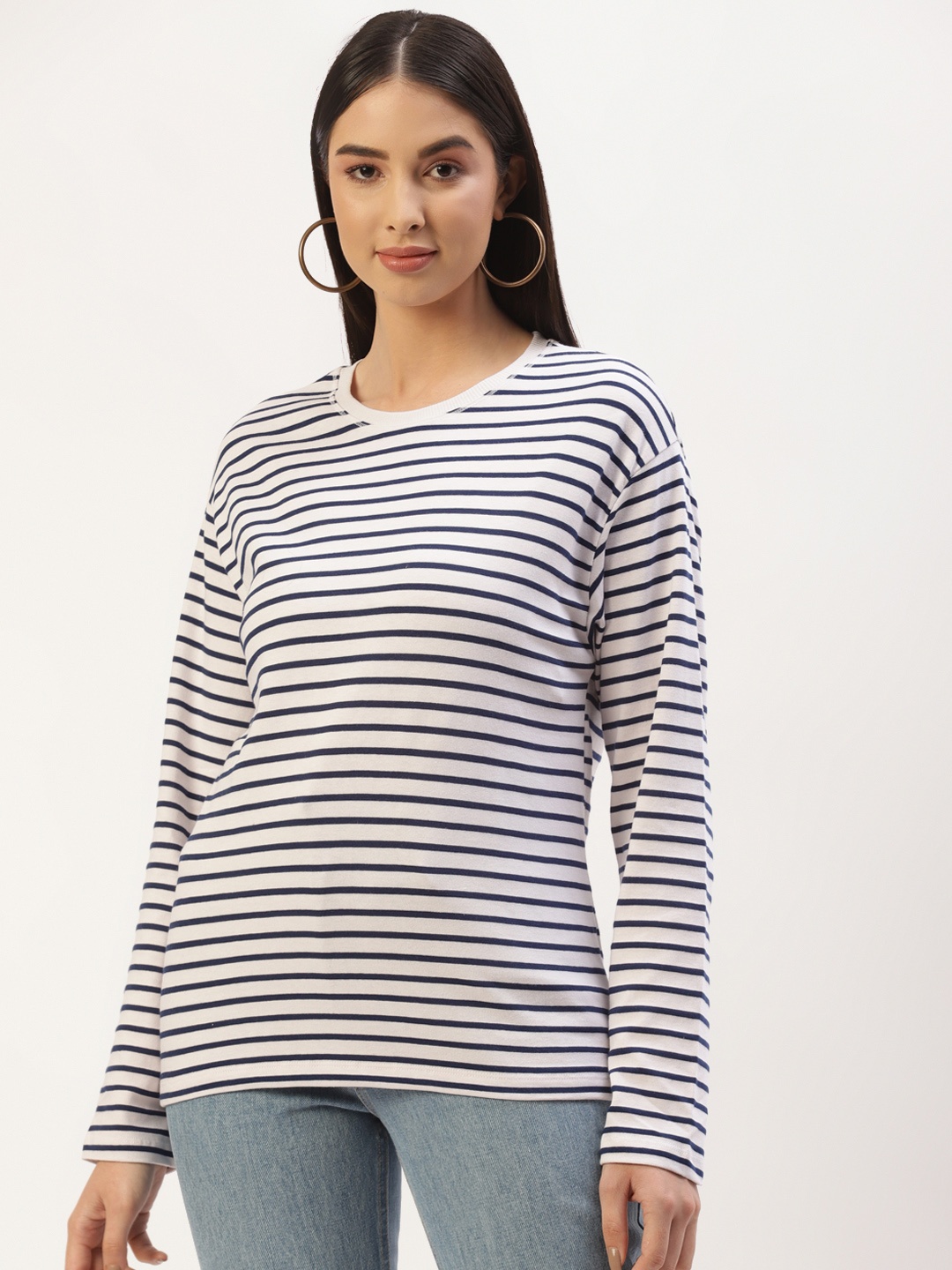 

LC Waikiki Women Blue & Off White Striped T-shirt