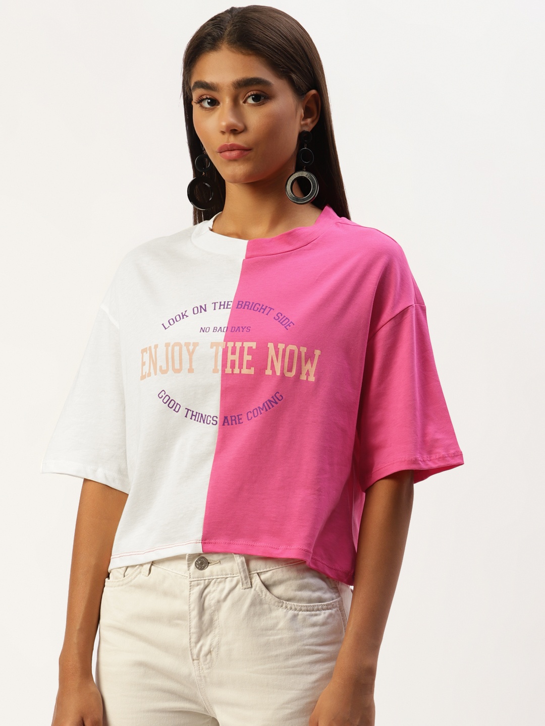 

LC Waikiki Women White & Pink Pure Cotton Colourblocked Boxy T-shirt